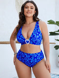 Blue floral print plus size women's split bikini swimsuit in sizes 0XL to 4XL