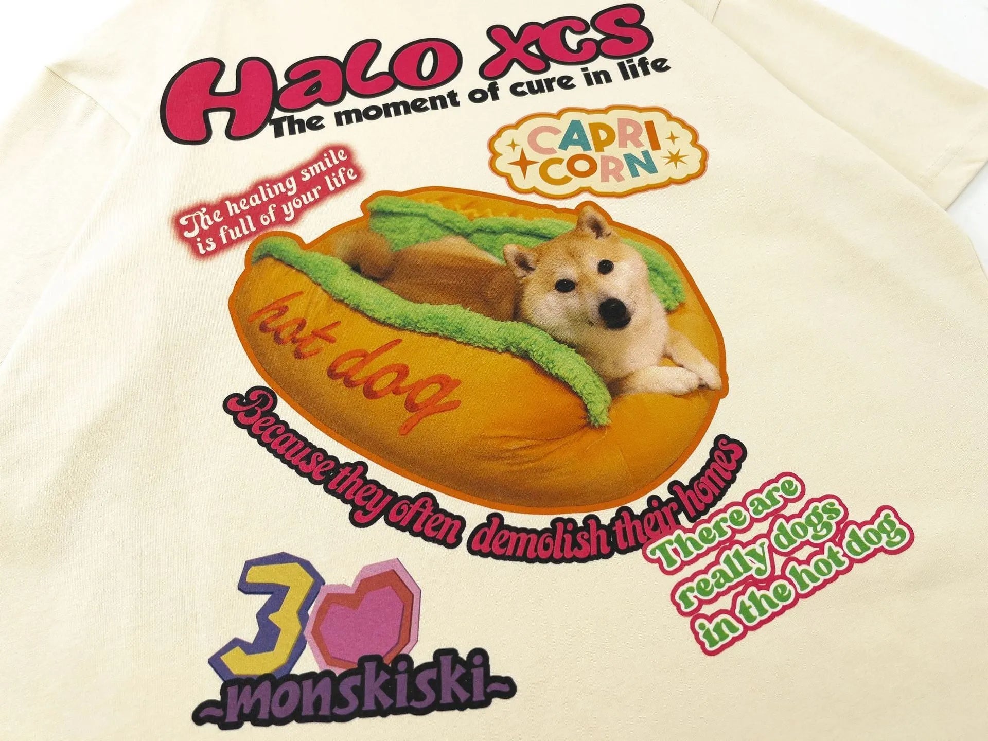 Cartoon hamburger dog printed cotton t-shirt in loose fit showing front design