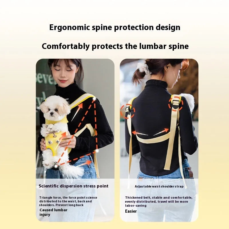 Cartoon cute chest bag pet carrier with animal pattern, soft canvas construction, and colourful stitching details