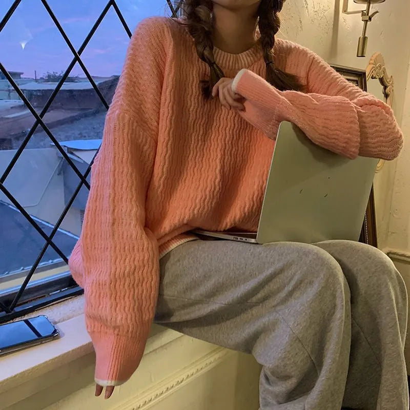 Women's loose retro pullover sweater in solid lake blue colour