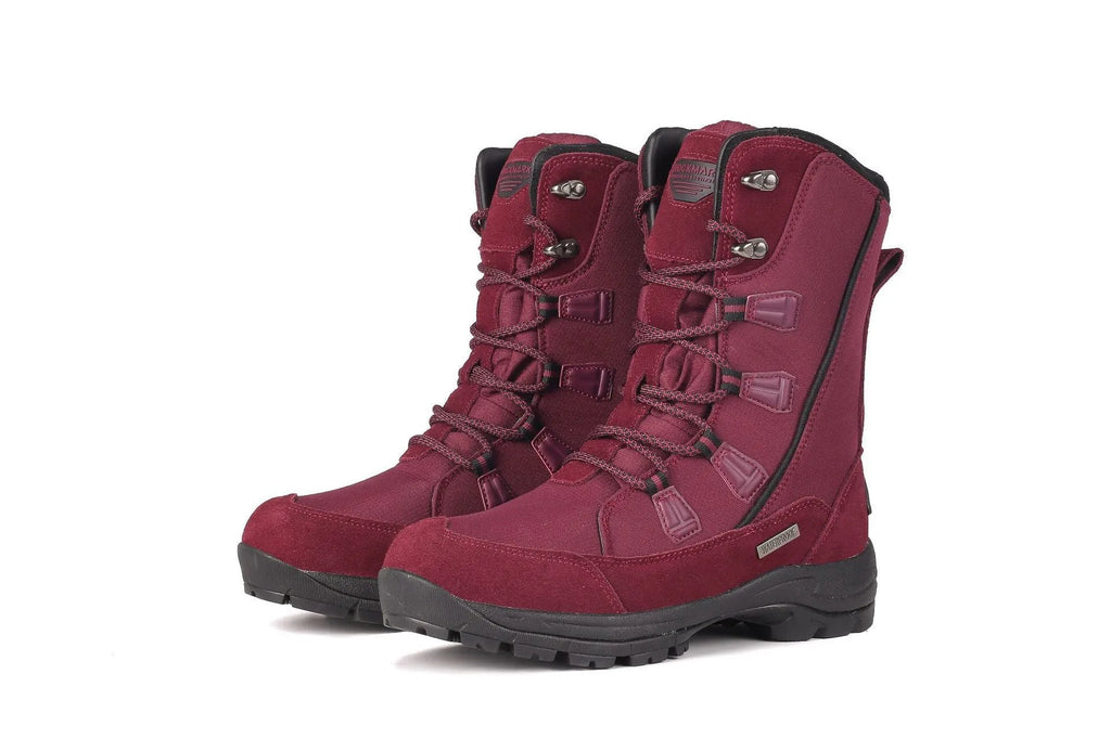 Women's black genuine leather mid-calf snow boots with round toe and rubber sole on a white background.