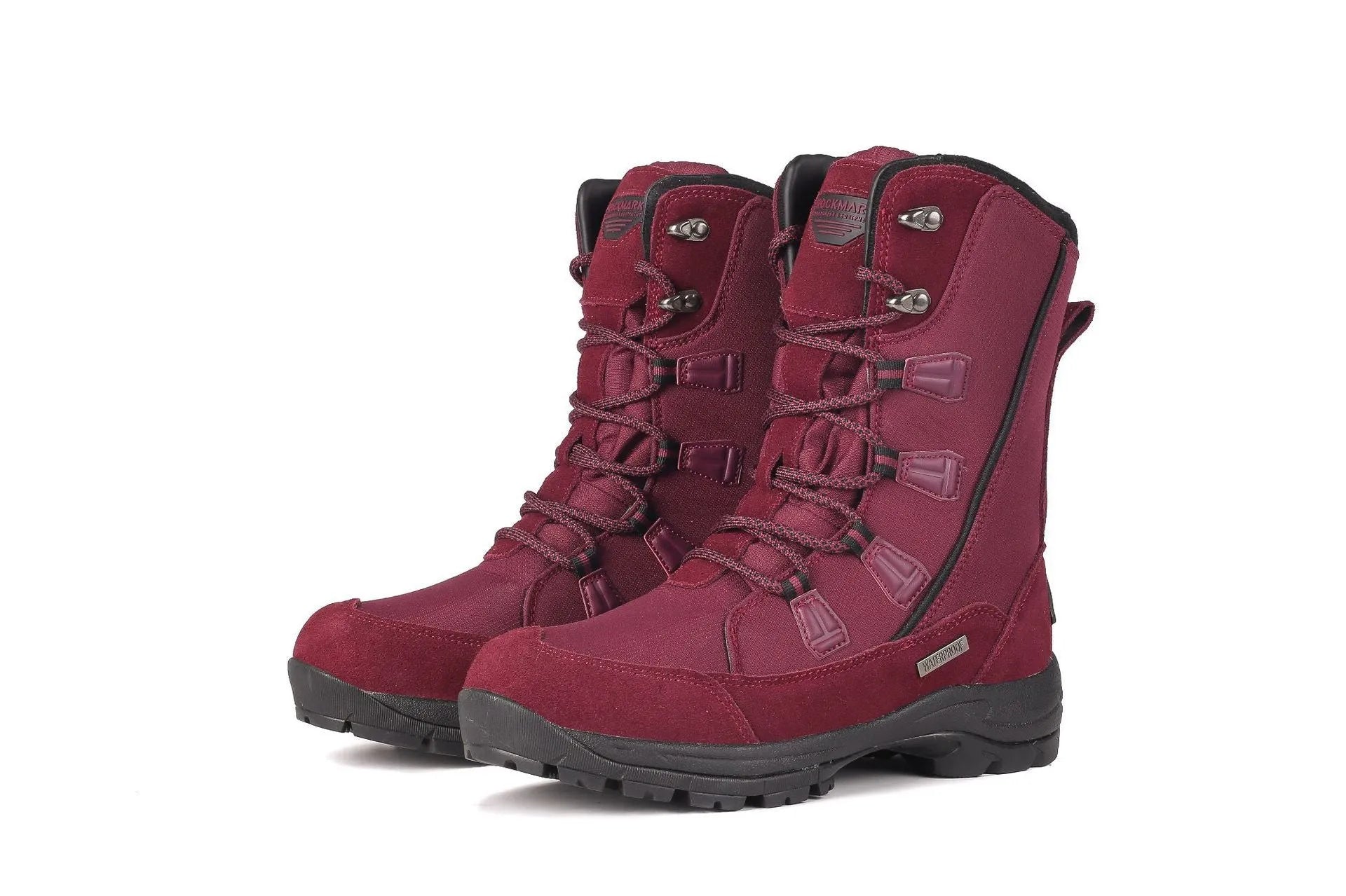 Women's black genuine leather mid-calf snow boots with round toe and rubber sole on a white background.