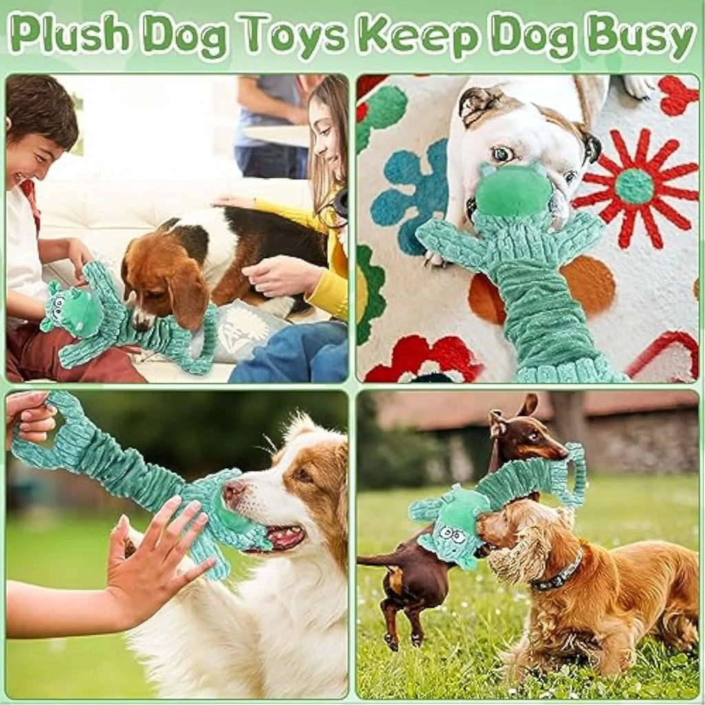 Large blue hippo plush dog toy with a handle, sitting next to a brown monkey version.