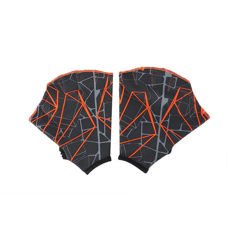 Duck feet webbed swimming gloves in multiple colour prints showing nylon construction and sizing options