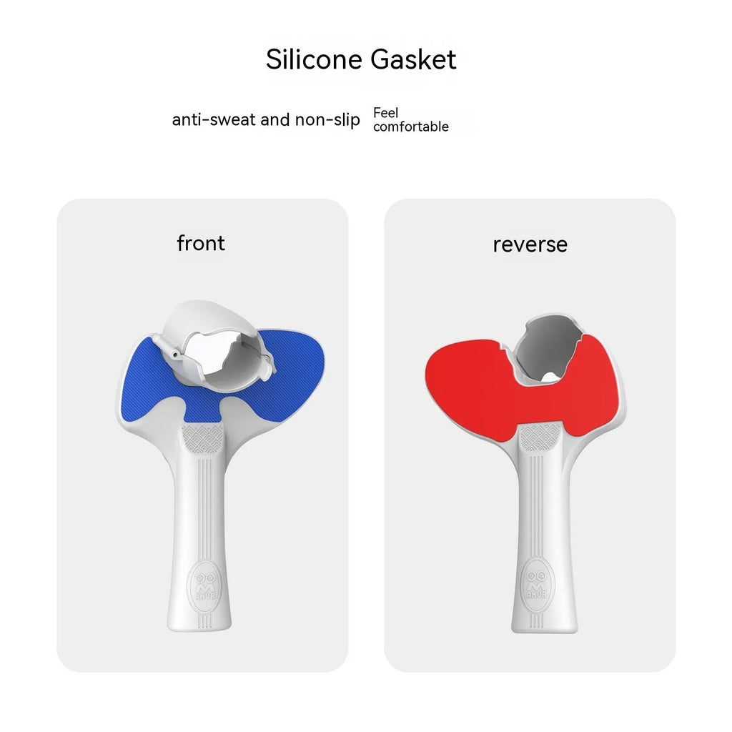 Red and blue silicone handle grips for Pico 4 VR controllers on grey background