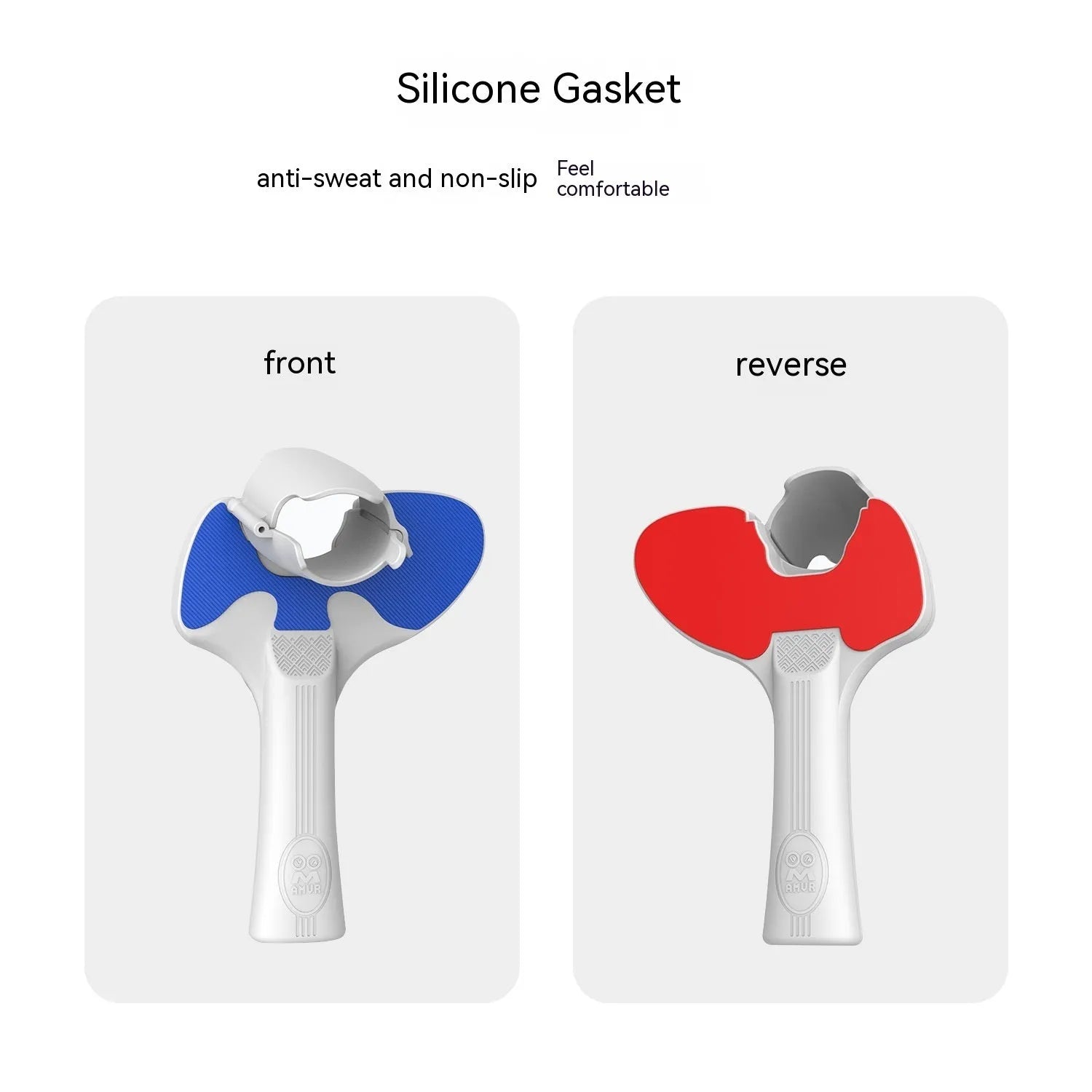 Red and blue silicone handle grips for Pico 4 VR controllers on grey background