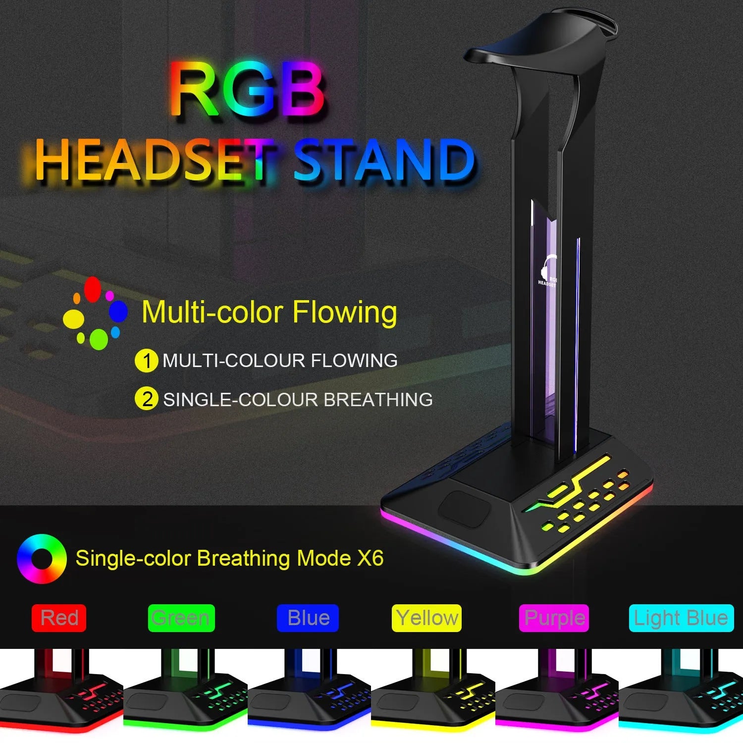 RGB colour-changing headset display bracket with dual USB ports and a 1.5-metre cable on a desk