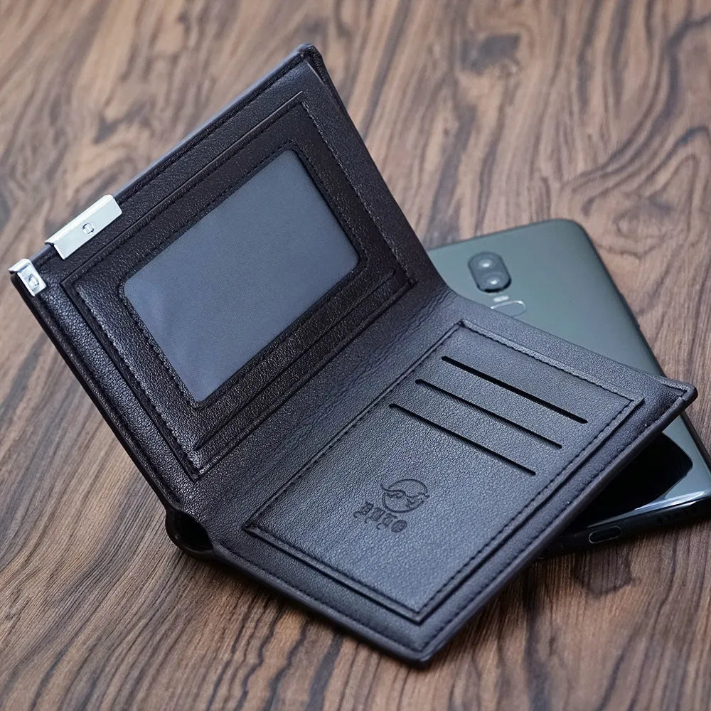 Men's brown leather wallet with a zipper closure, shown individually packaged.