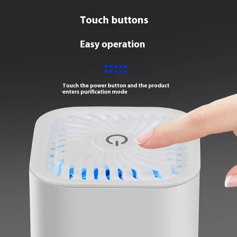 Black and white mini USB air purifier for car and home use with HEPA filter.