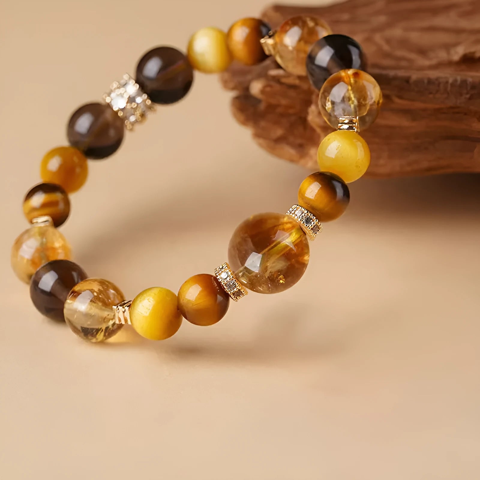 Geometric tiger-eye crystal bracelet with yellow beads in 10mm or 12mm sizes