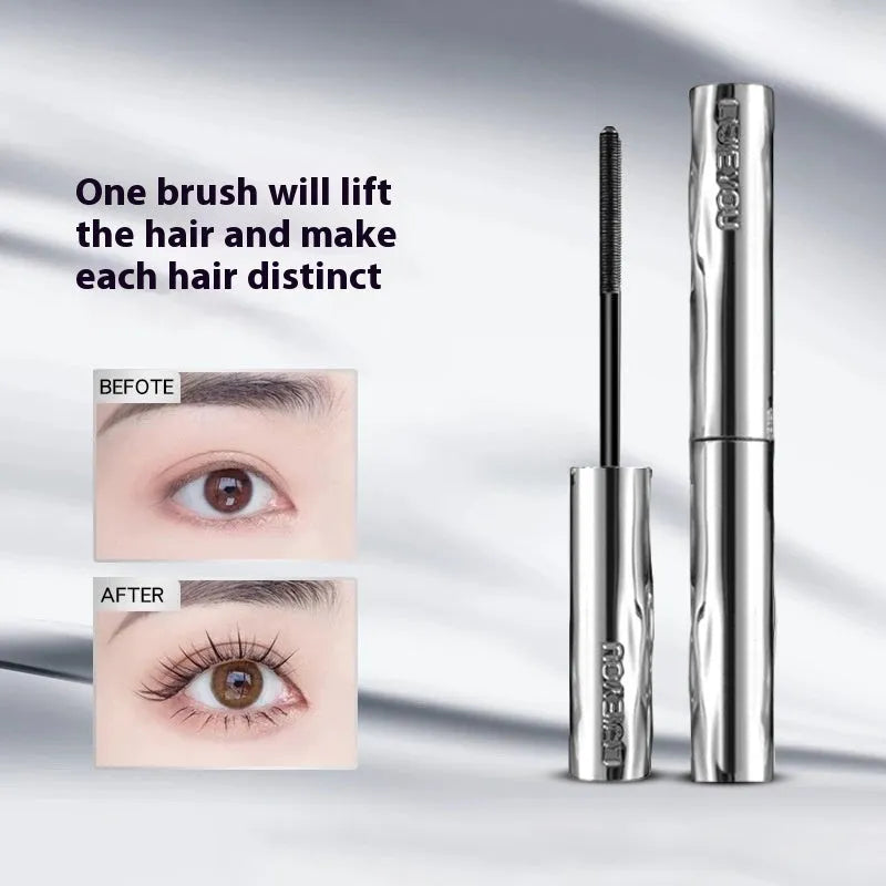 Waterproof steel tube mascara in black and brown shades shown with an eyelash curler.