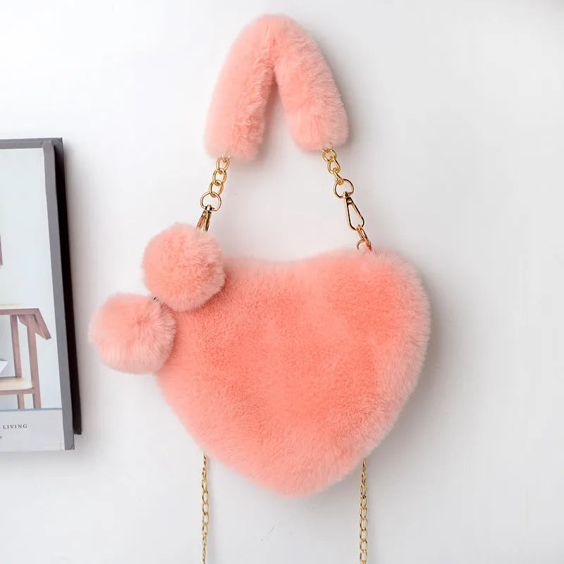 Soft plush heart-shaped women's handbag with zipper closure in various colours