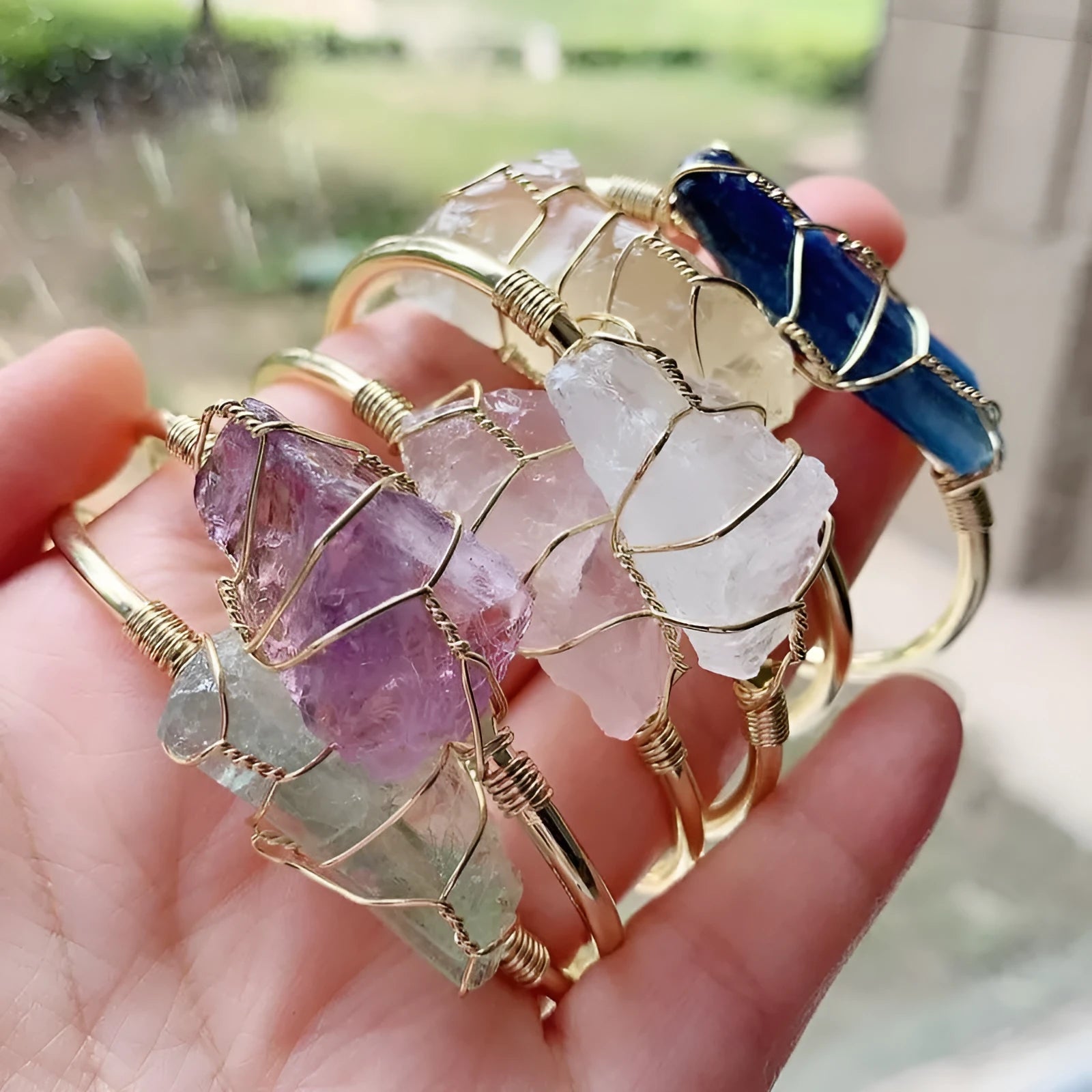 Natural crystal rough stone bracelet with gold winding geometric design and mixed colour bohemian styling