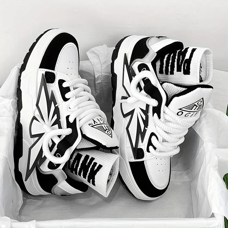 Men's white chunky sneakers with thick rubber sole and totem pattern detail on synthetic leather upper