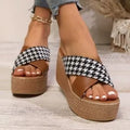 Cross leopard plaid wedge sandals with rubber sticky soles in black or brown pattern