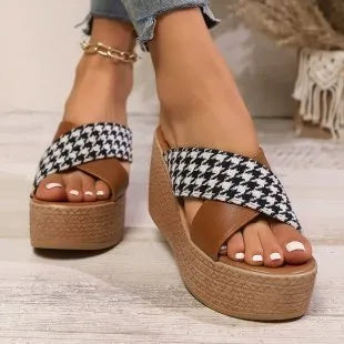 Cross leopard plaid wedge sandals with rubber sticky soles in black or brown pattern