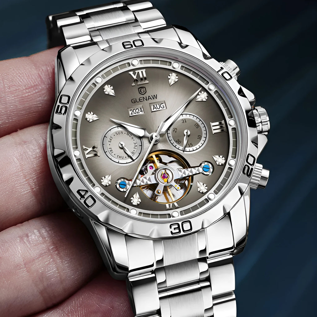Men's automatic mechanical watch with stainless steel strap and mineral glass lens in silver case blue surface colour