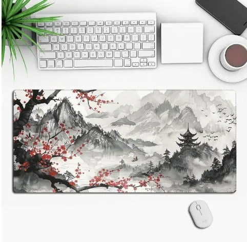 Anime-themed gaming mouse pad on a desk, showing non-slip rubber base and printed cloth surface.