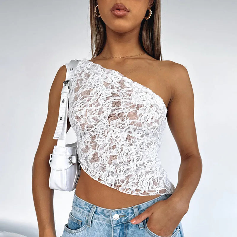 Women's slim-fit lace-back vest top with asymmetrical neckline in solid colour