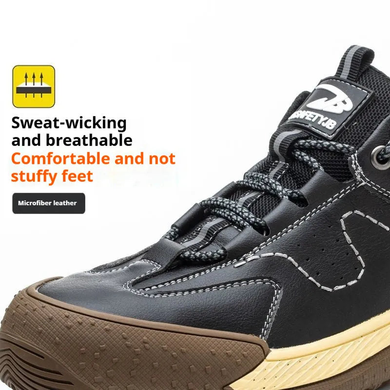 Flyknit leather work safety shoes with rubber sole in black, available sizes 36-46