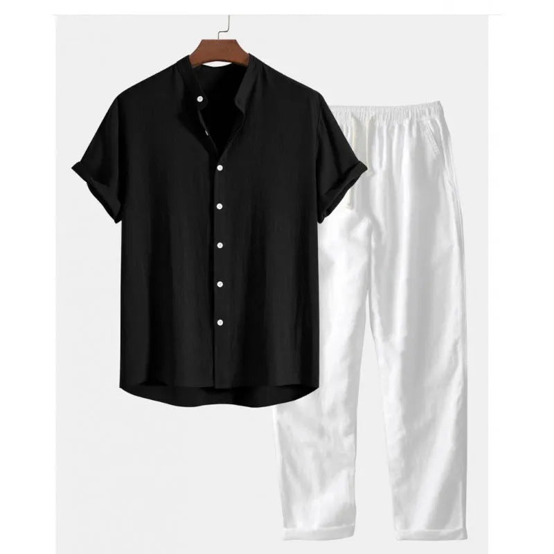 Men's loose fit linen blend short sleeve shirt and trousers casual suit set on a hanger.