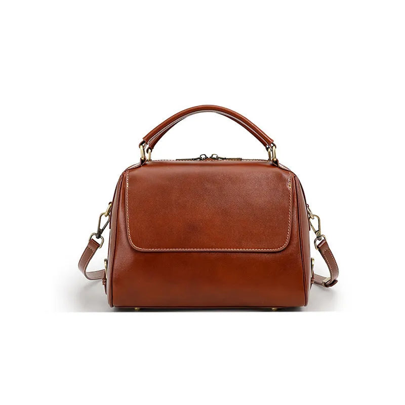 Women's genuine leather crossbody tote bag in cross-square shape with internal compartments and double shoulder straps