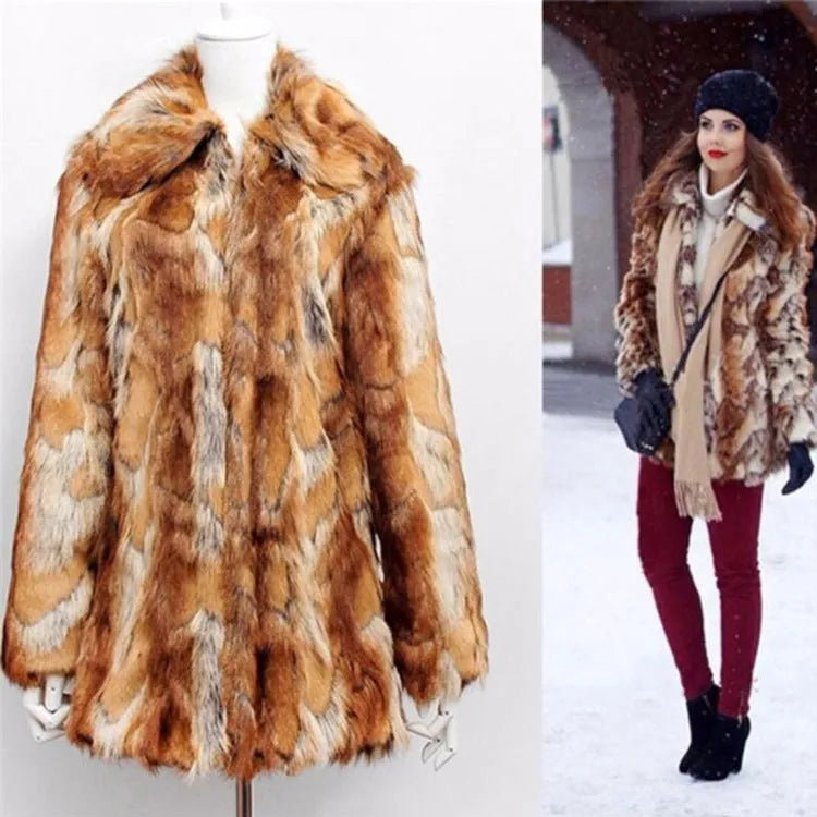 Women's tiger pattern faux fur leather jacket in medium length on a model.