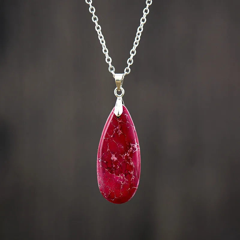 Emperor Stone jade water drop pendant on an 18K gold-plated chain, showing colour options.