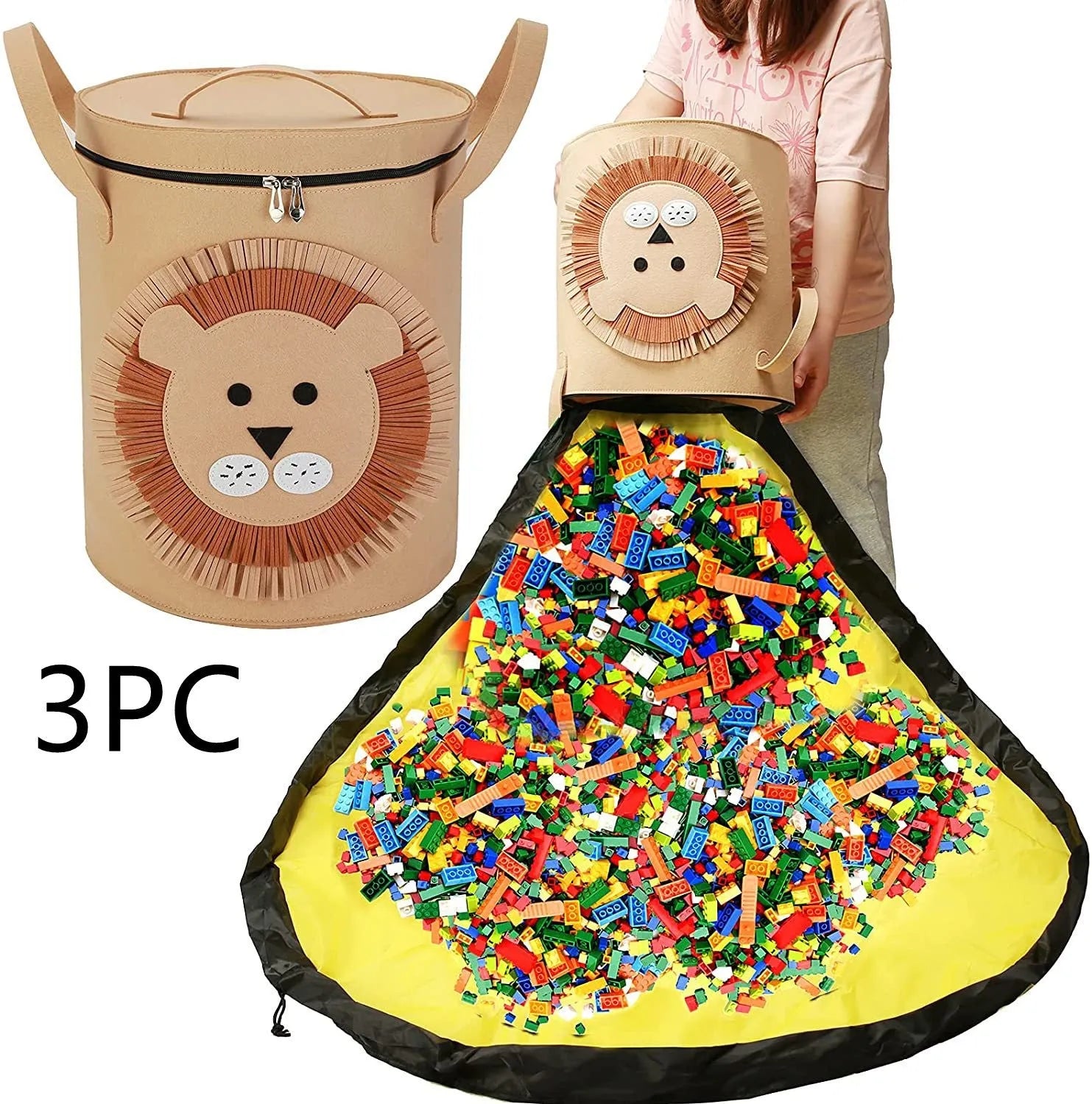 Green felt storage cube with pull rope unfolded as waterproof play mat for children's toys