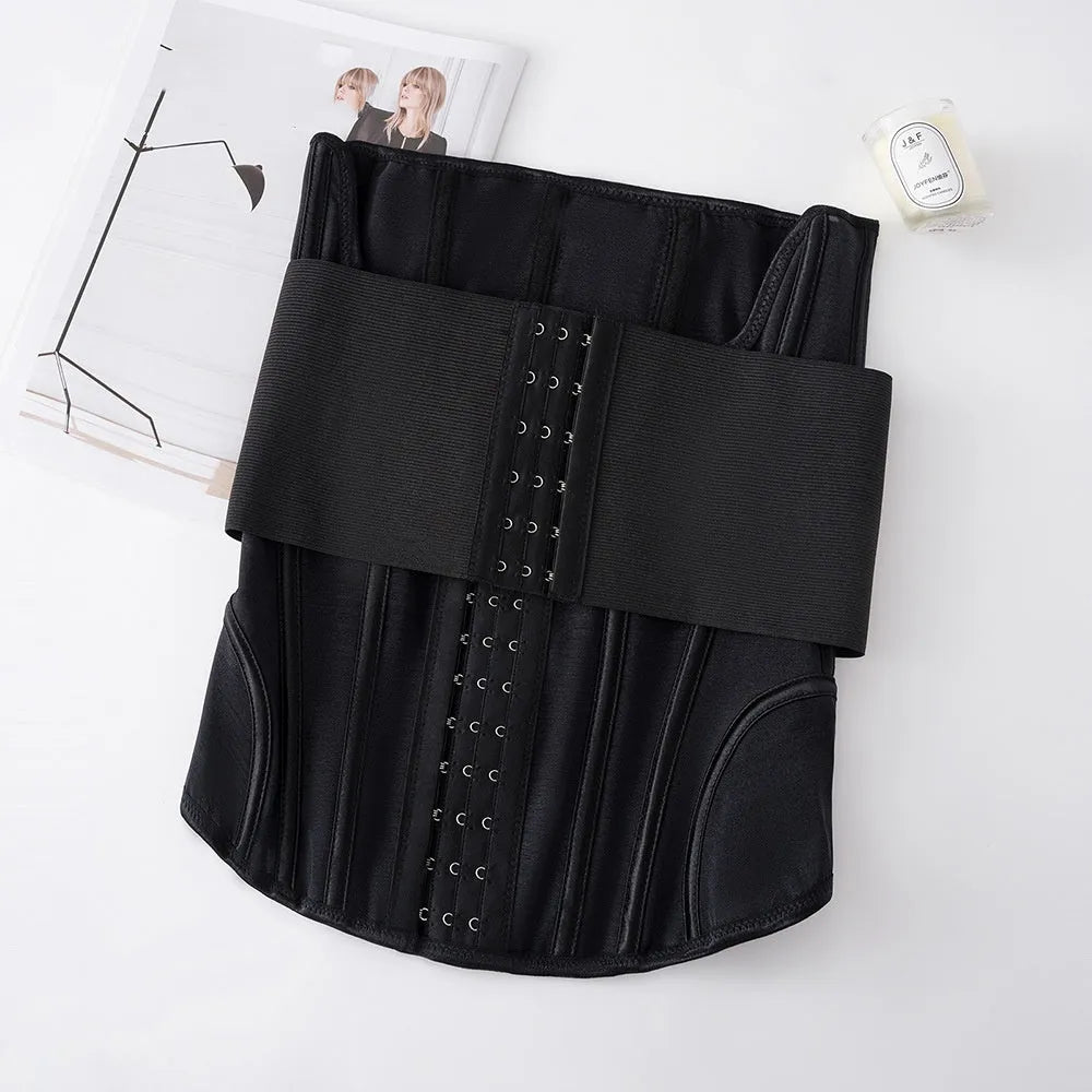 Nylon belly band for waist training in black or apricot colour with belt tie.