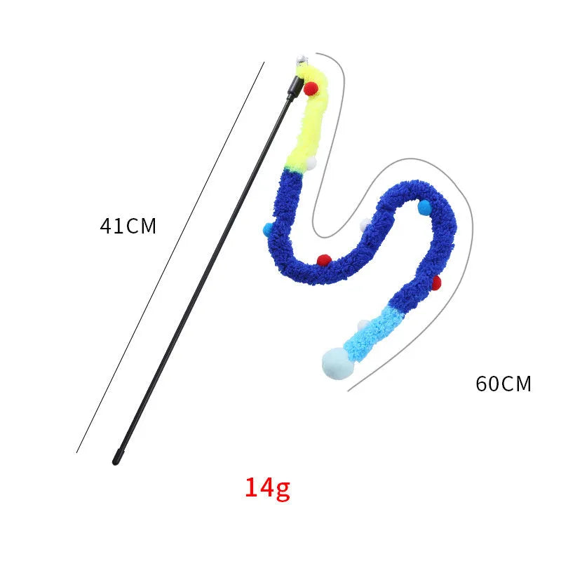 Cat wand toy with colourful plush strip and bell attachment on 41cm pole