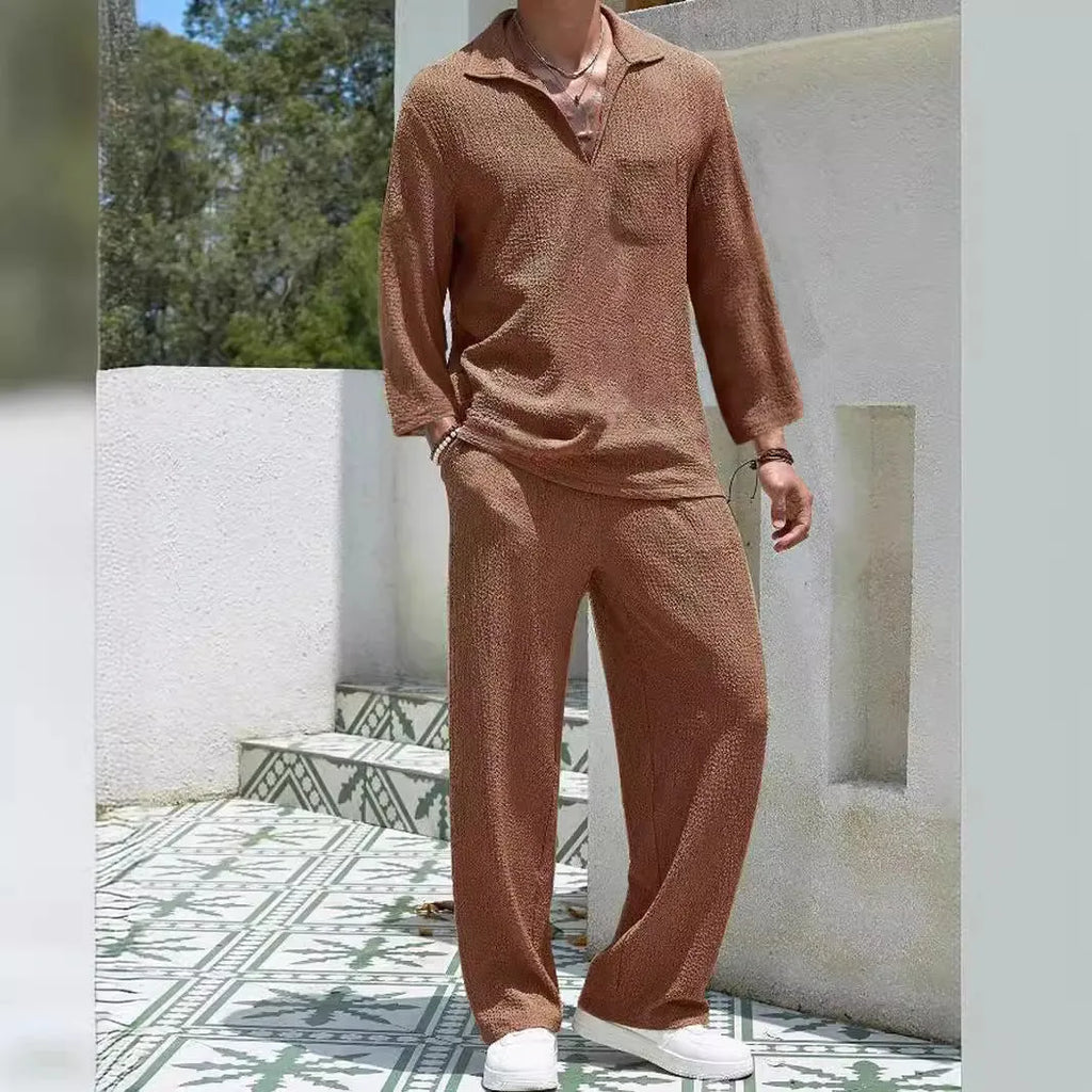 Men's casual shirt trousers suit in polyester fabric available in four colours for autumn leisure wear