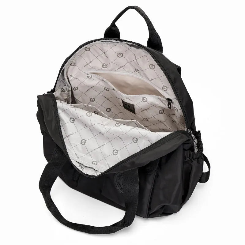 Large lightweight outdoor backpack in black, khaki, or green with rabbit print, showing front sandwich pocket.