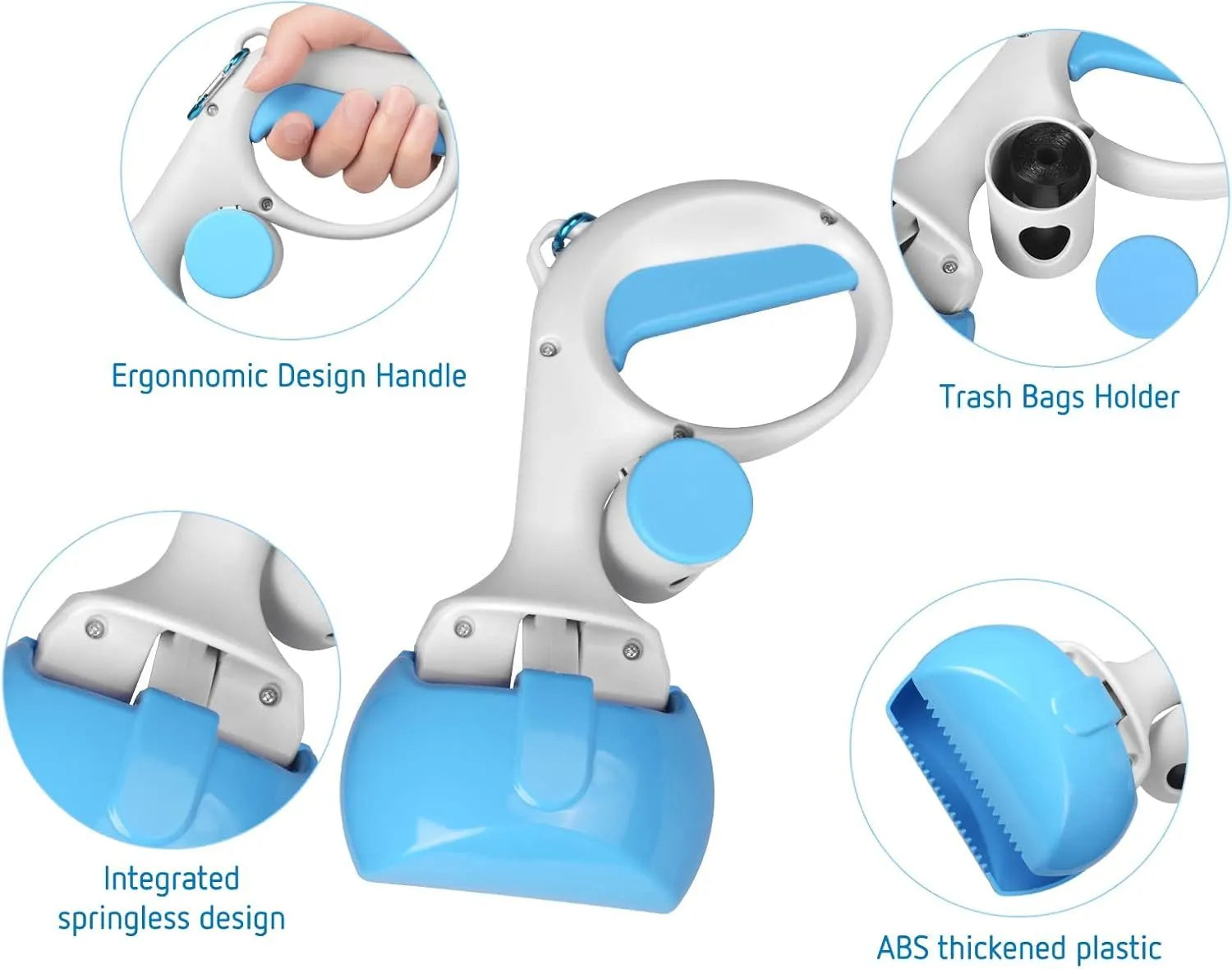 ABS plastic pet pooper scooper with integrated trash bag holder and hanging hook