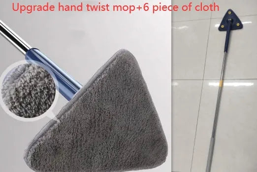 Blue triangular cleaning mop with 360-degree rotating head and adjustable stainless steel pole extended for use
