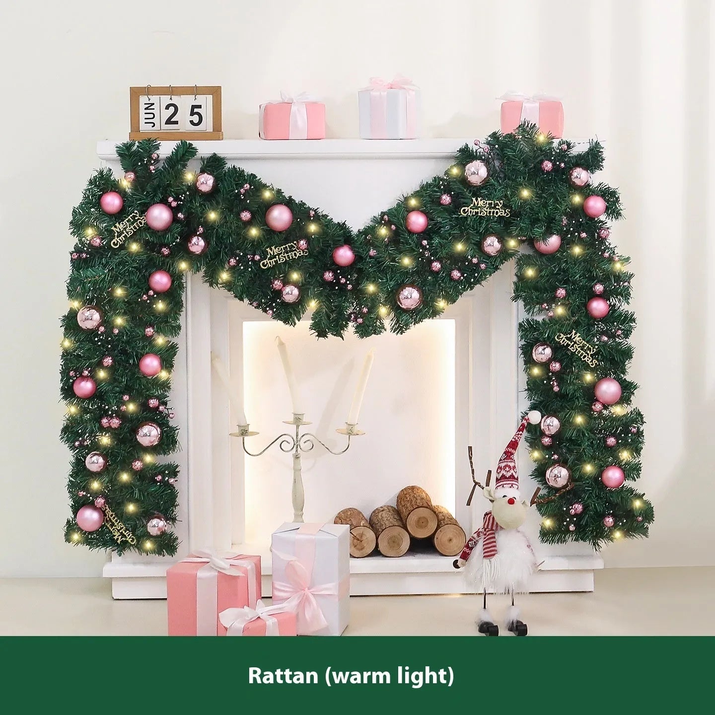 2.7 metre pink Christmas rattan wall decoration with 240 LED lights and wrought iron frame
