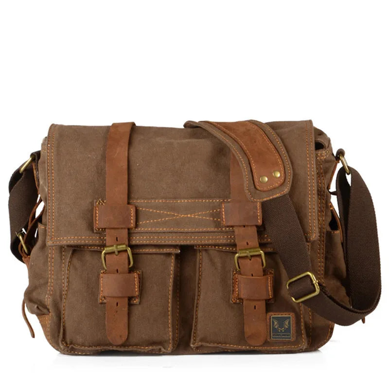 Men's brown retro canvas crossbody bag with a flap closure and a single shoulder strap.