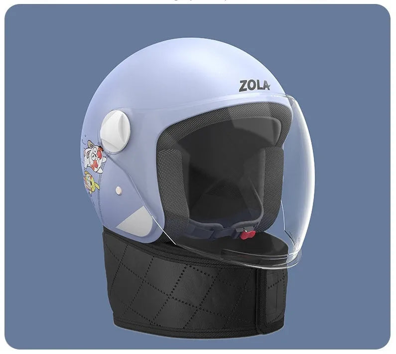 Winter electric bicycle helmet with removable scarf and anti-fog visor in blue colour