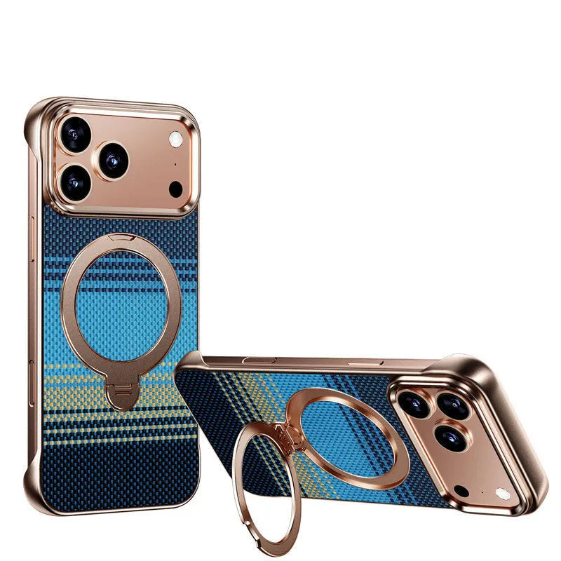 Aramid fibre frameless phone case with bracket and magnetic suction for iPhone 14 15 16 17 series in black
