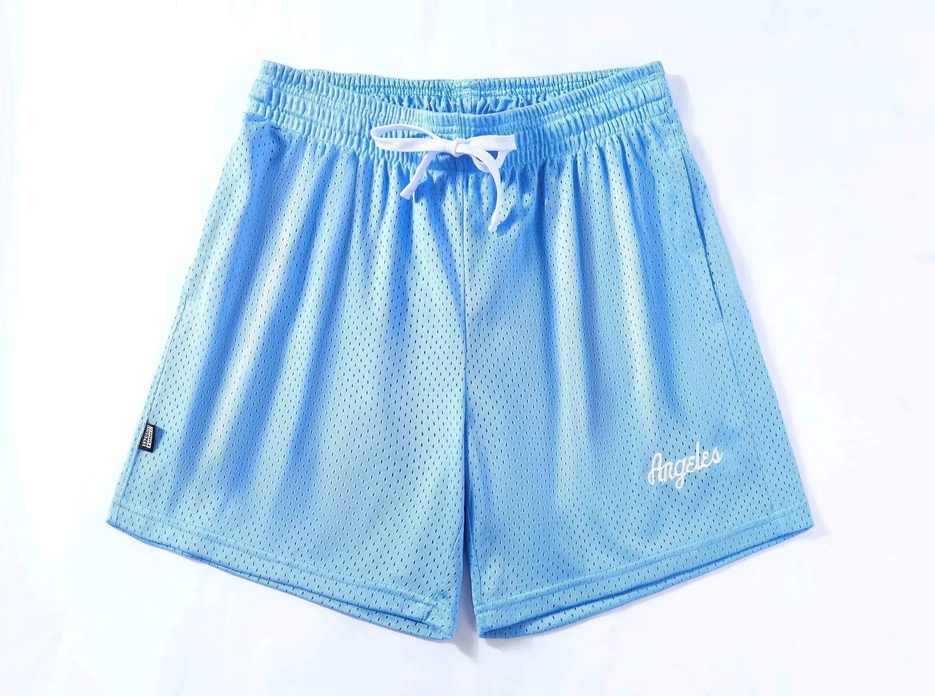 Men's black double-layer mesh shorts laid flat, showing sports and leisure style.