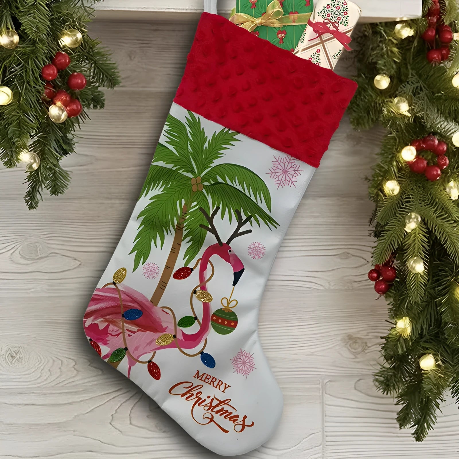 Cloth Christmas stocking measuring 46cm by 28cm in American decorative style