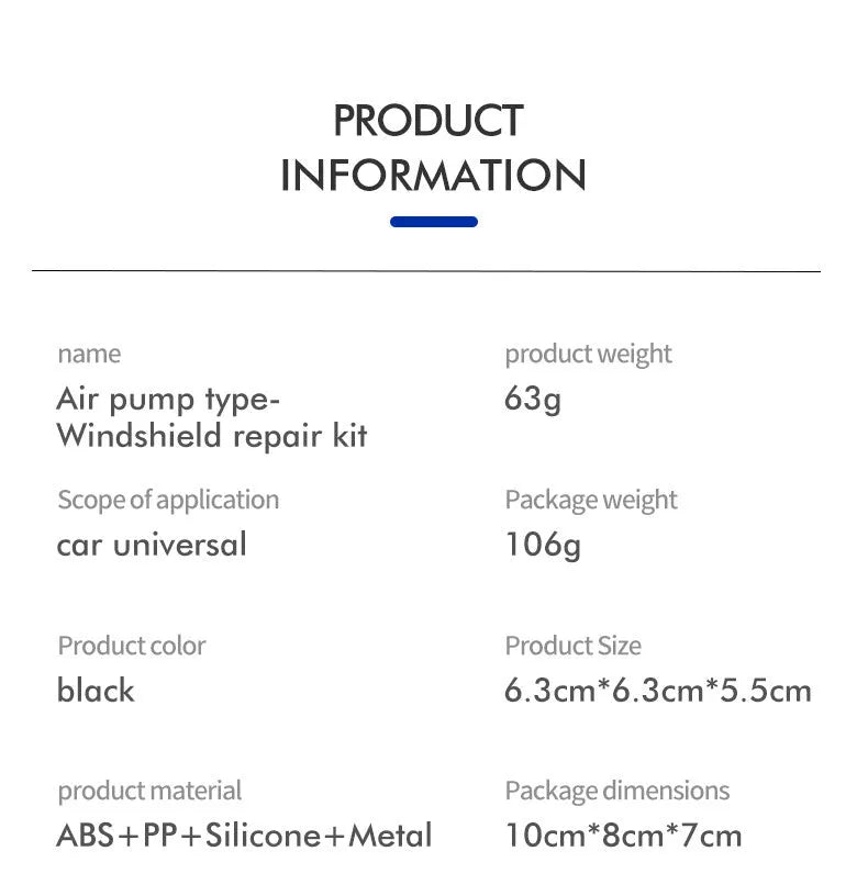 Plastic car windshield crack repair tool with UV light and 0.5 mm injector nozzle.