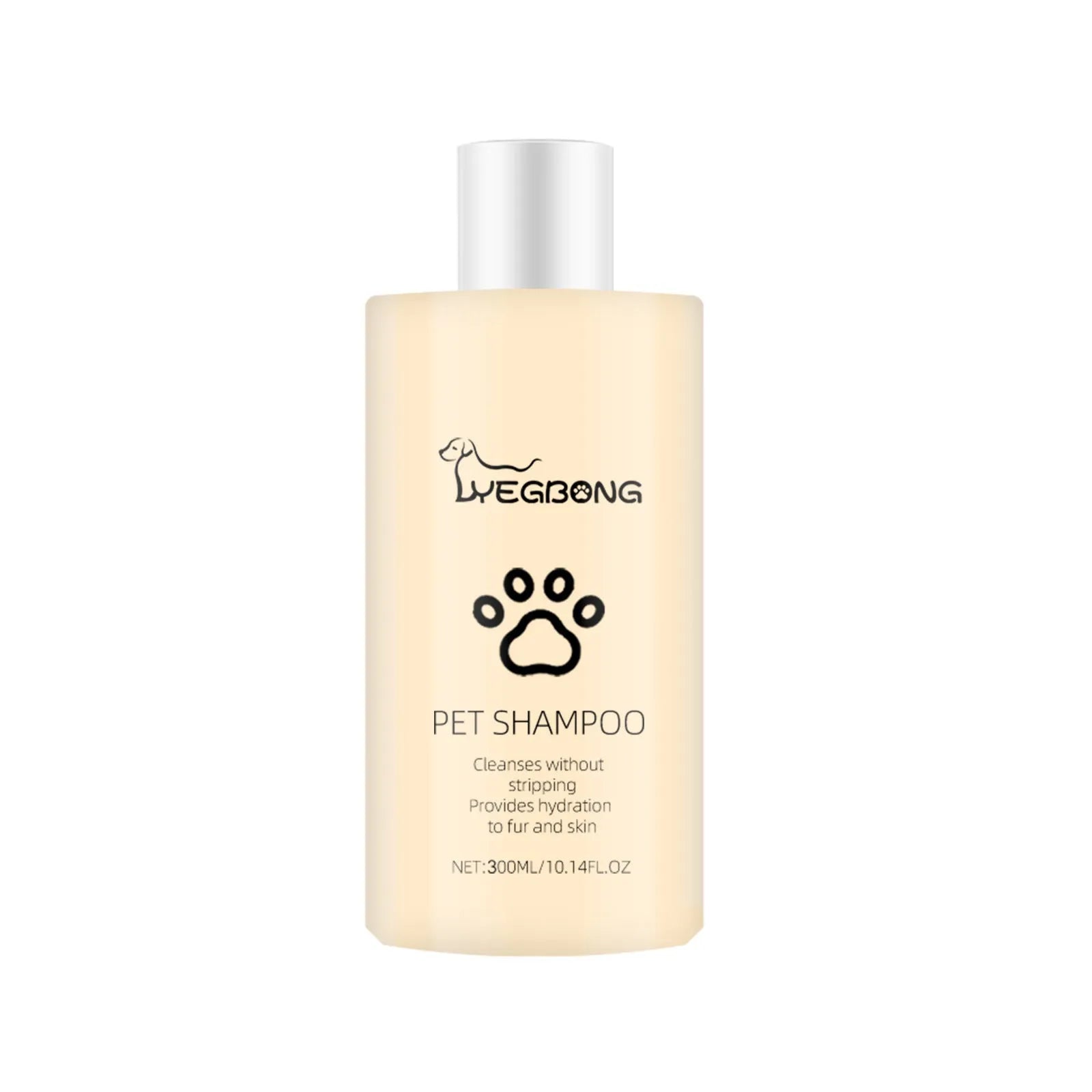 Bottle of mild pet shampoo for cats and dogs, shown in 100ml and 300ml sizes.