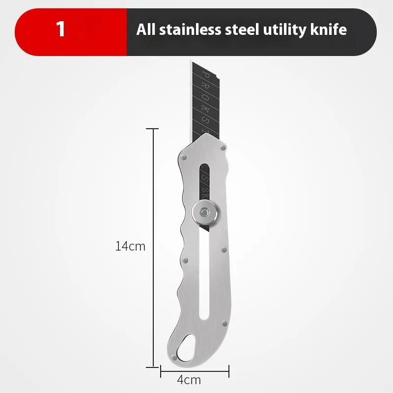 Stainless steel folding art knife with black blade and a pack of long and trapezoidal blades
