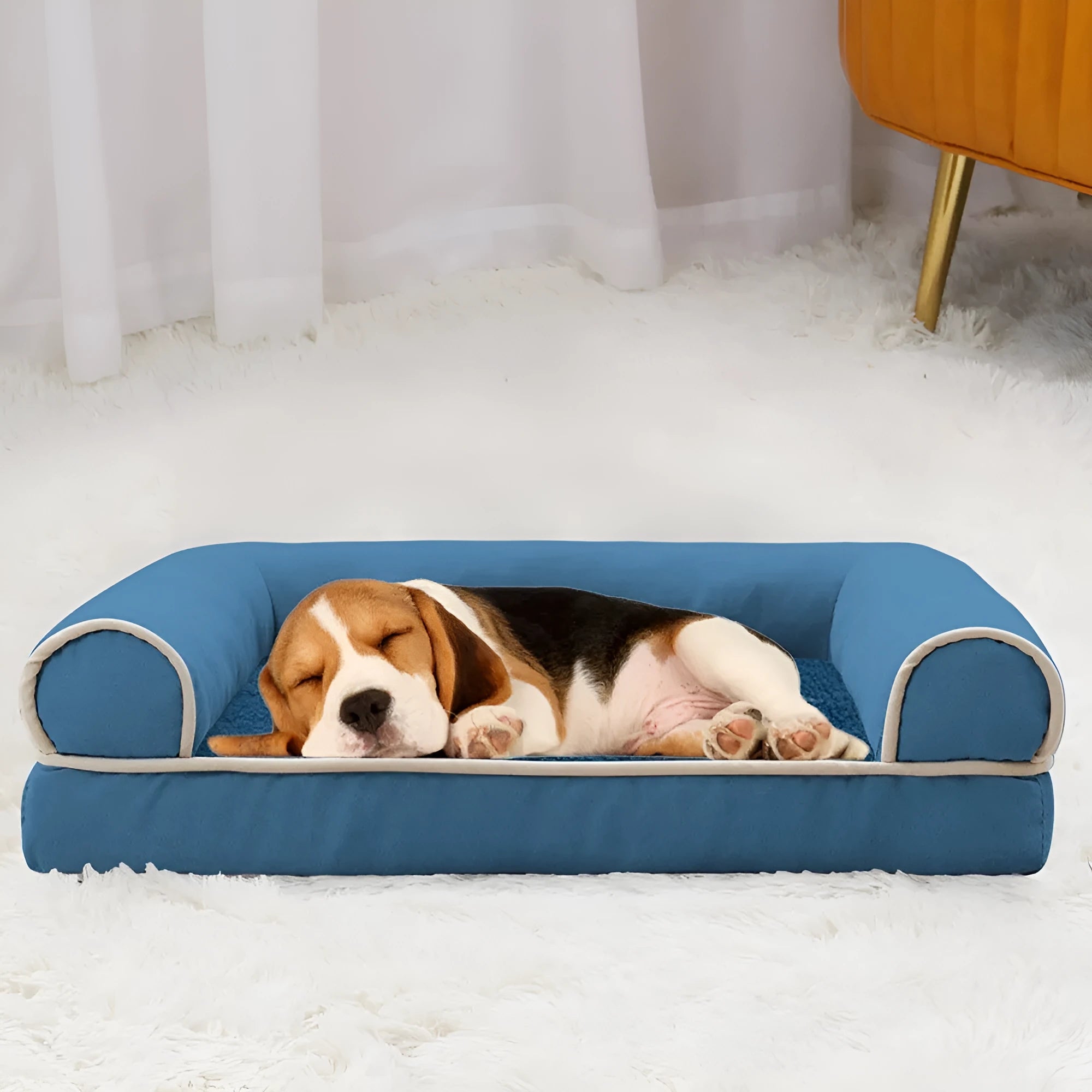 Square blue cloth dog bed with sponge filling for a large dog, showing its dimensions.