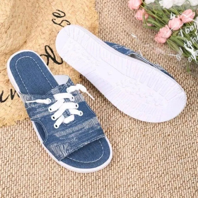 Blue Roman-style canvas slippers with cloth upper and rubber sole, sizes 36-43