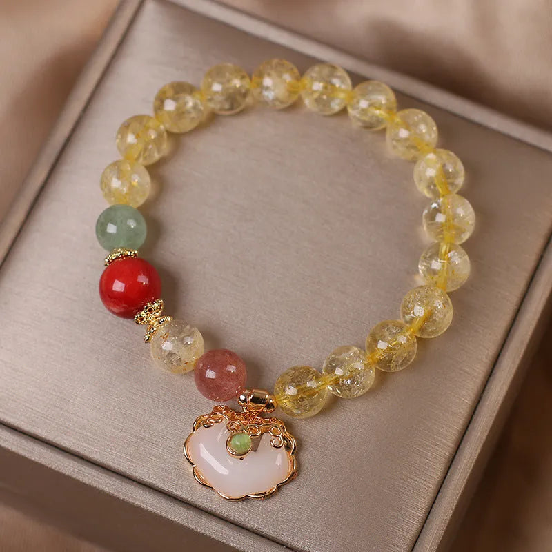 Yellow hair crystal jade ruyi pendant bracelet on alloy chain for women