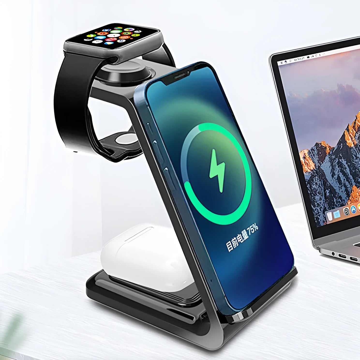 3-in-1 upright mobile phone holder wireless charger in black with Type-C cable on desk
