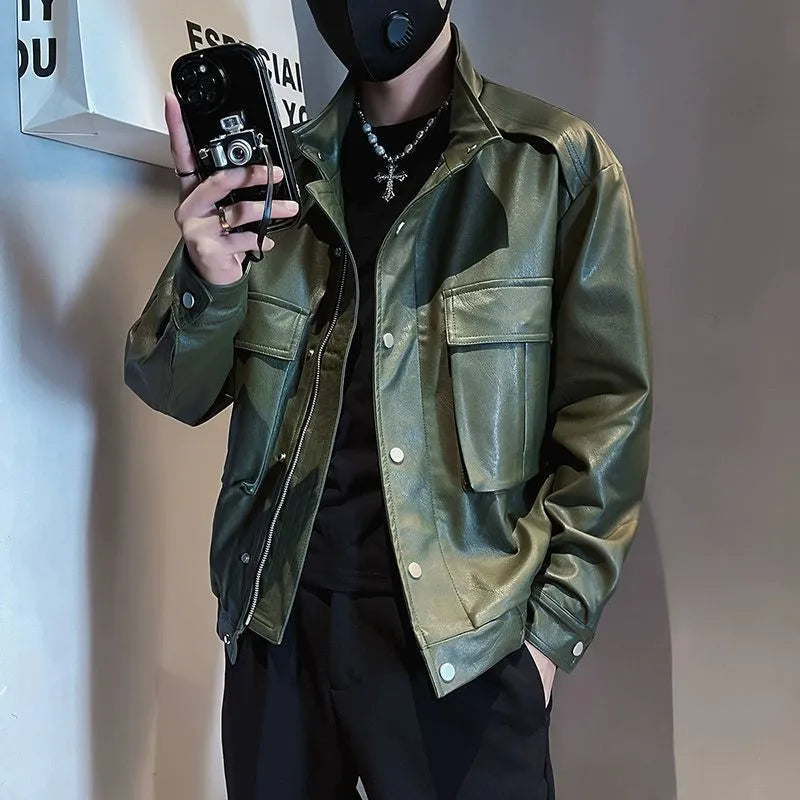 Men's black Korean style PU leather pilot jacket with side pockets and straight hem