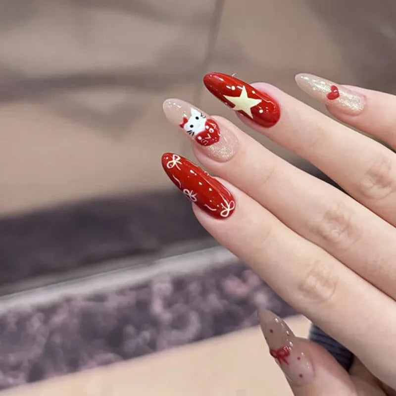 False nails with gel polish finish in assorted colours and patterns